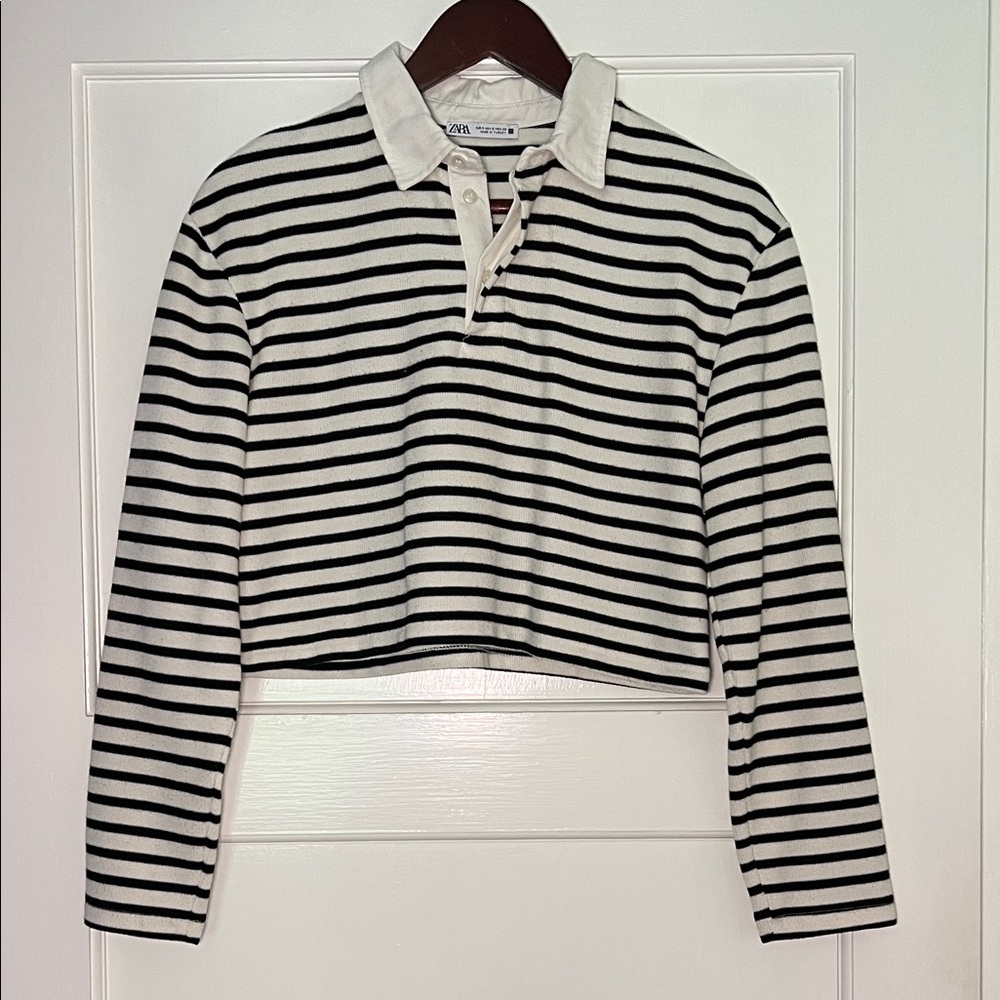 Zara Black and White Striped Polo Top